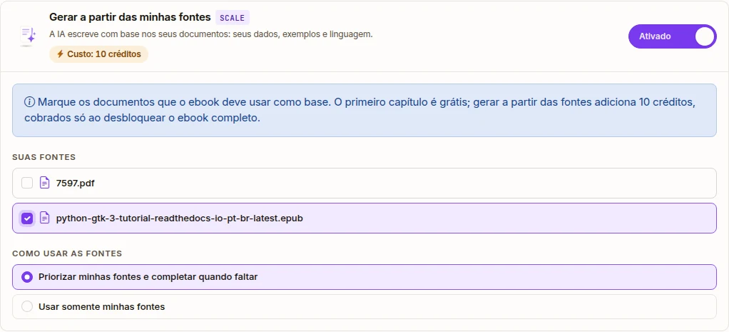 Opção Gerar a partir das minhas fontes ativada no assistente, com uma fonte marcada e os modos de uso
