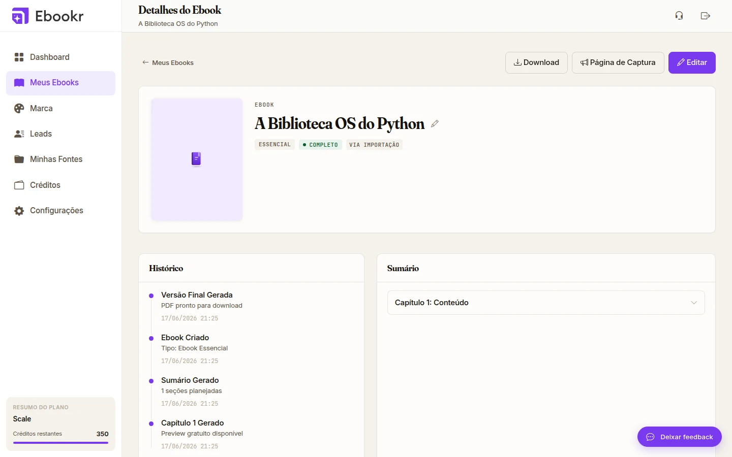 Tela de detalhes do ebook, com o botão Página de Captura destacado no topo