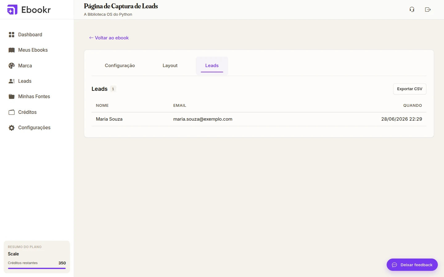Aba Leads com a lista de contatos capturados e o botão Exportar CSV