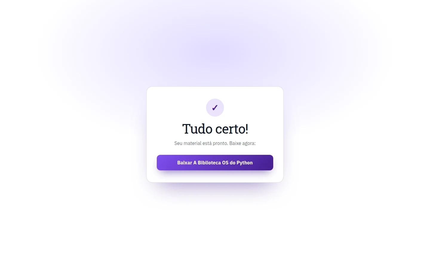 Tela de confirmação após o cadastro, com o botão para baixar o ebook na hora