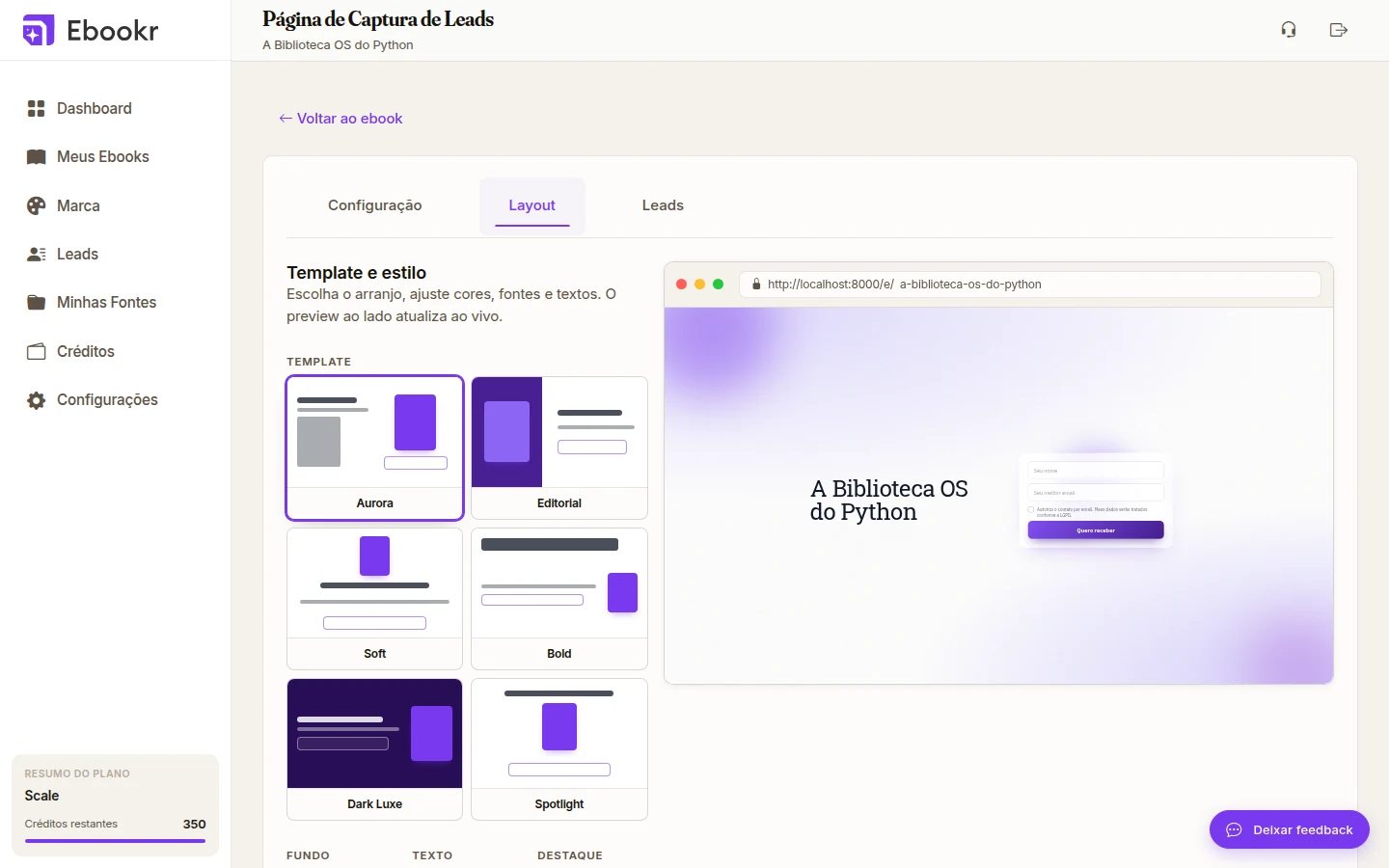 Aba Layout da Página de Captura de Leads, com os seis modelos à esquerda e o preview ao vivo da landing à direita