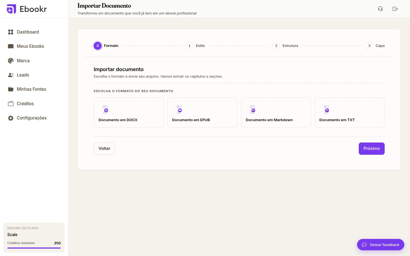 Primeiro passo do assistente Importar Documento, com a escolha de formato entre DOCX, EPUB, Markdown e TXT