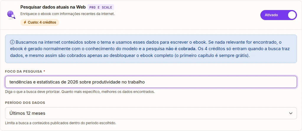 Opção Pesquisa Web ativada na seção Extra do assistente, com o campo de foco preenchido e o período selecionado